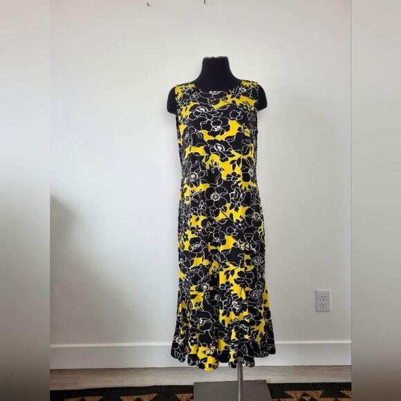 Yellow Black Floral Midi Dress Ruffle Boho Indie Casual Summer Modest Size Large - Picture 1 of 8